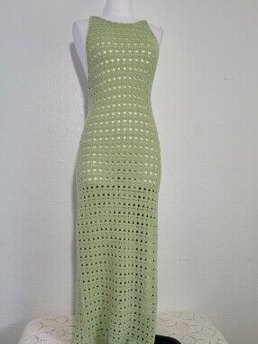 Medusa Sage Green Halter Open Back Sleeveless Crochet Maxi Dress Cover-Up Small